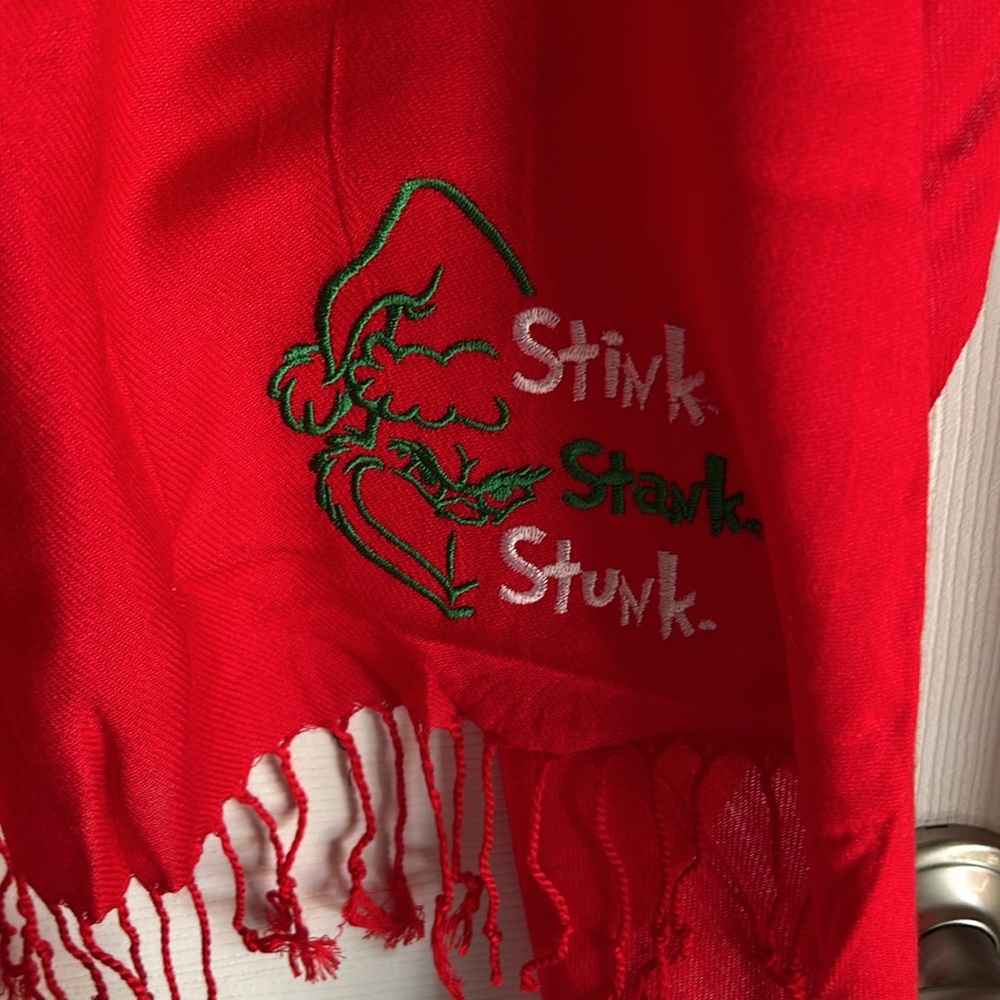 Red Embroidered Grinch Pashmina scarf